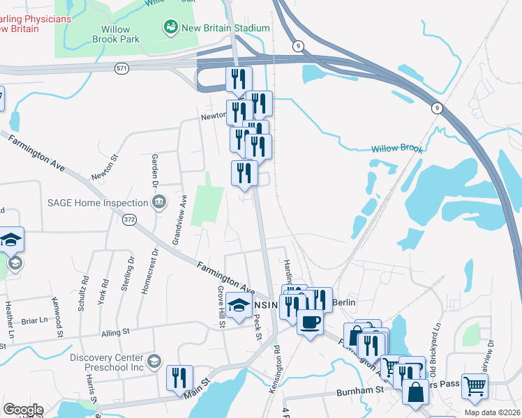 map of restaurants, bars, coffee shops, grocery stores, and more near 319 Connecticut 71 in Berlin