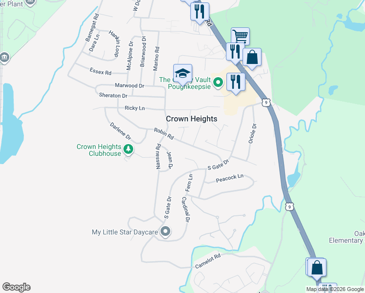 map of restaurants, bars, coffee shops, grocery stores, and more near 26 Robin Road in Poughkeepsie