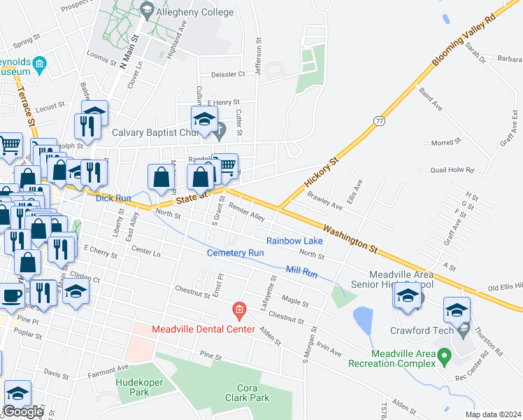 map of restaurants, bars, coffee shops, grocery stores, and more near 40916 Washington Street in Meadville