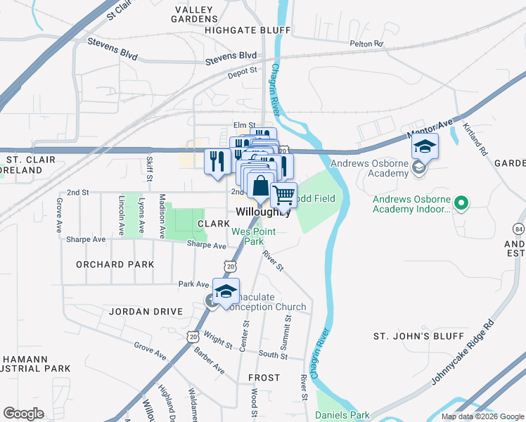 map of restaurants, bars, coffee shops, grocery stores, and more near in Willoughby