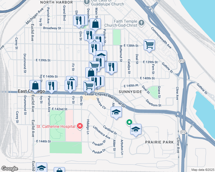 map of restaurants, bars, coffee shops, grocery stores, and more near 4016 Pulaski Street in East Chicago