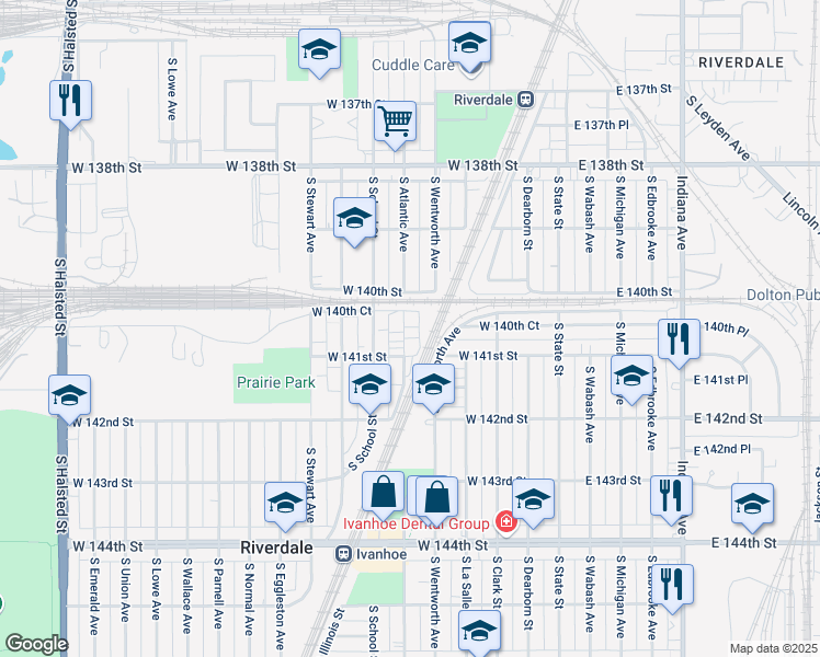 map of restaurants, bars, coffee shops, grocery stores, and more near 14022 South Highlawn Avenue in Riverdale