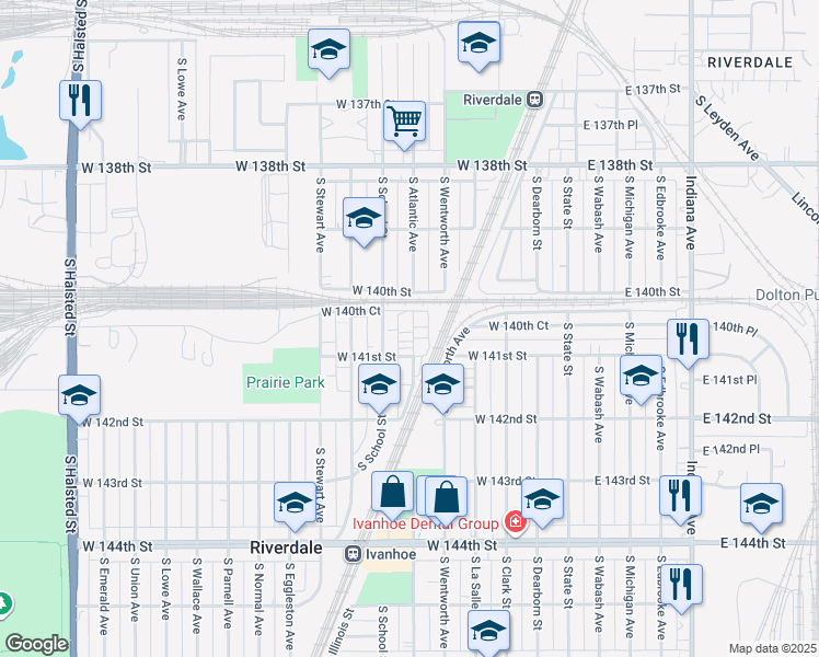 map of restaurants, bars, coffee shops, grocery stores, and more near 14022 South Highlawn Avenue in Riverdale