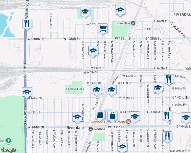 map of restaurants, bars, coffee shops, grocery stores, and more near 14017 South Tracy Avenue in Riverdale