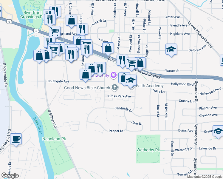 map of restaurants, bars, coffee shops, grocery stores, and more near 817 Pepperwood Lane in Iowa City
