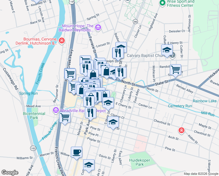map of restaurants, bars, coffee shops, grocery stores, and more near 307 Walnut Street in Meadville