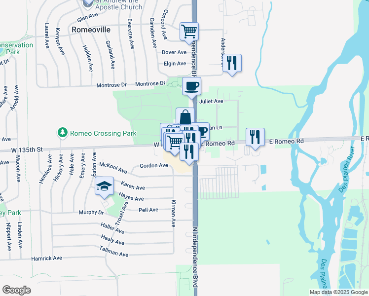 map of restaurants, bars, coffee shops, grocery stores, and more near 344 North Independence Boulevard in Romeoville