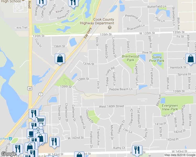 map of restaurants, bars, coffee shops, grocery stores, and more near 9101 138th Street in Orland Park