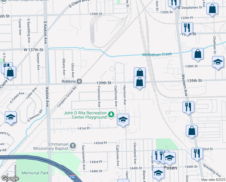 map of restaurants, bars, coffee shops, grocery stores, and more near 2820 139th Place in Blue Island