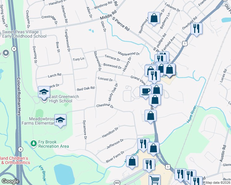 map of restaurants, bars, coffee shops, grocery stores, and more near 56 Misty Oak Drive in East Greenwich