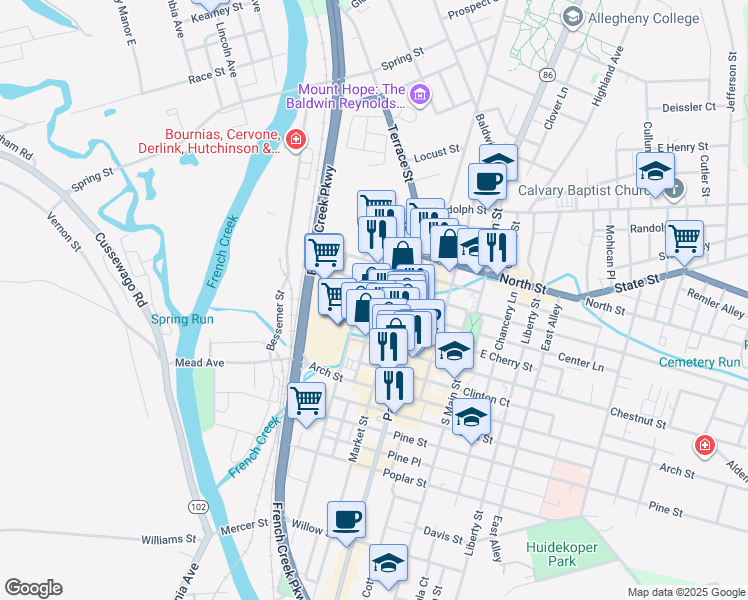 map of restaurants, bars, coffee shops, grocery stores, and more near 40842 West Center Street in Meadville