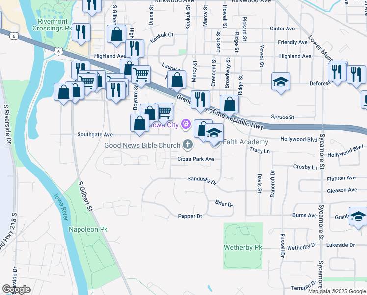 map of restaurants, bars, coffee shops, grocery stores, and more near 817 Pepperwood Lane in Iowa City