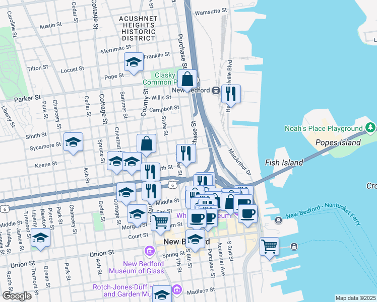 map of restaurants, bars, coffee shops, grocery stores, and more near 930 Pleasant Street in New Bedford