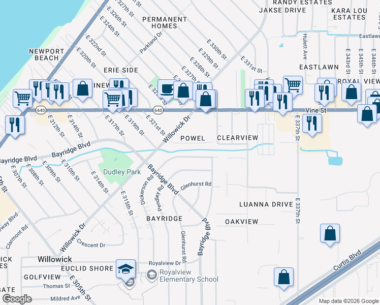 map of restaurants, bars, coffee shops, grocery stores, and more near 32105 Dickerson Road in Willowick