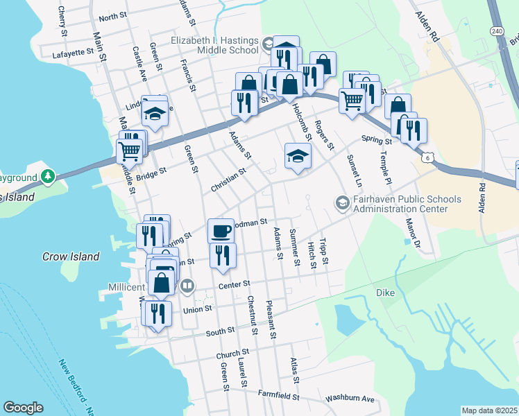 map of restaurants, bars, coffee shops, grocery stores, and more near 159 Pleasant Street in Fairhaven