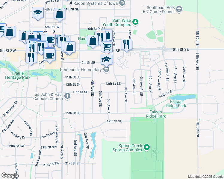 map of restaurants, bars, coffee shops, grocery stores, and more near 603 13th Street Southeast in Altoona