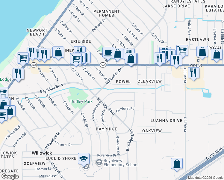 map of restaurants, bars, coffee shops, grocery stores, and more near 31915 Dickerson Road in Willowick