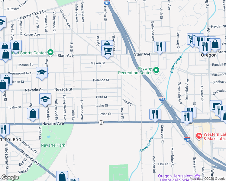 map of restaurants, bars, coffee shops, grocery stores, and more near 2062 Nevada Street in Toledo