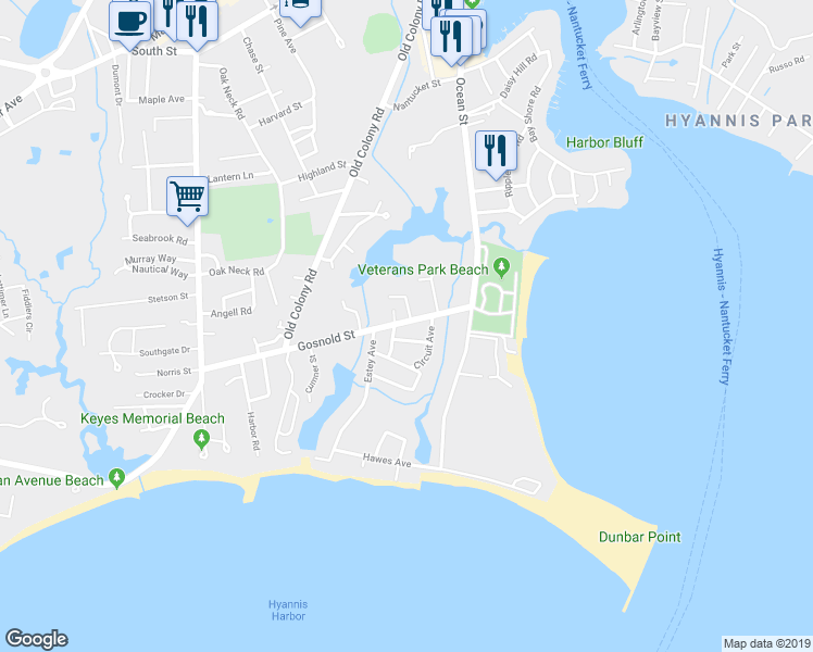 map of restaurants, bars, coffee shops, grocery stores, and more near 71 Gosnold Street in Barnstable