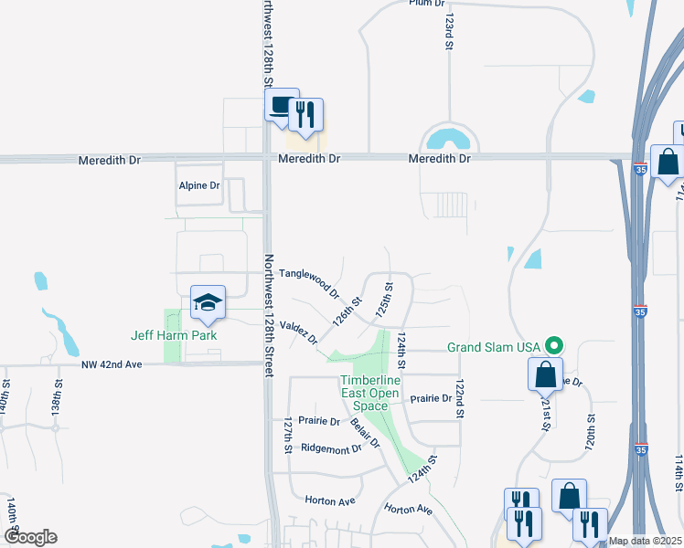 map of restaurants, bars, coffee shops, grocery stores, and more near 127th in Urbandale