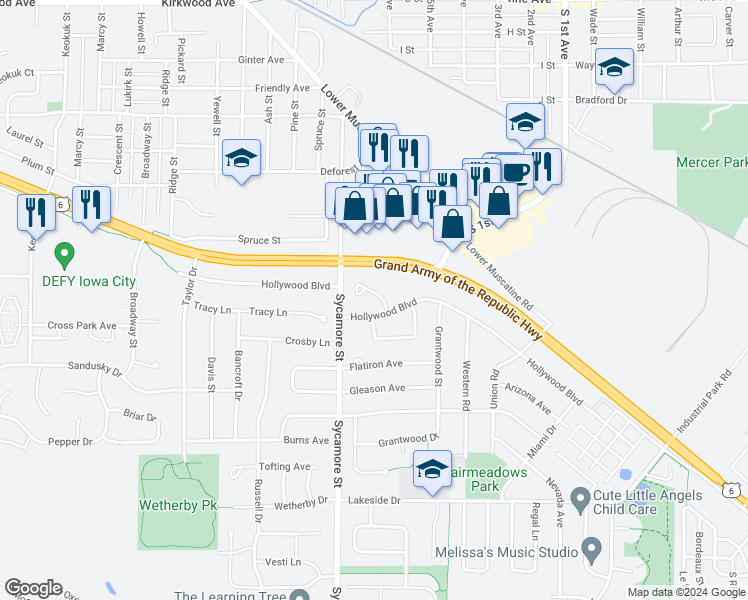 map of restaurants, bars, coffee shops, grocery stores, and more near 1817 Hollywood Court in Iowa City