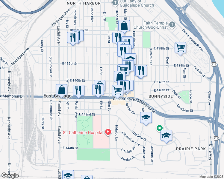 map of restaurants, bars, coffee shops, grocery stores, and more near 4015 Elm Street in East Chicago