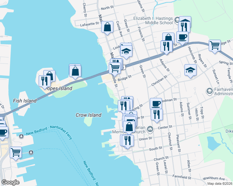map of restaurants, bars, coffee shops, grocery stores, and more near 82 Middle Street in Fairhaven
