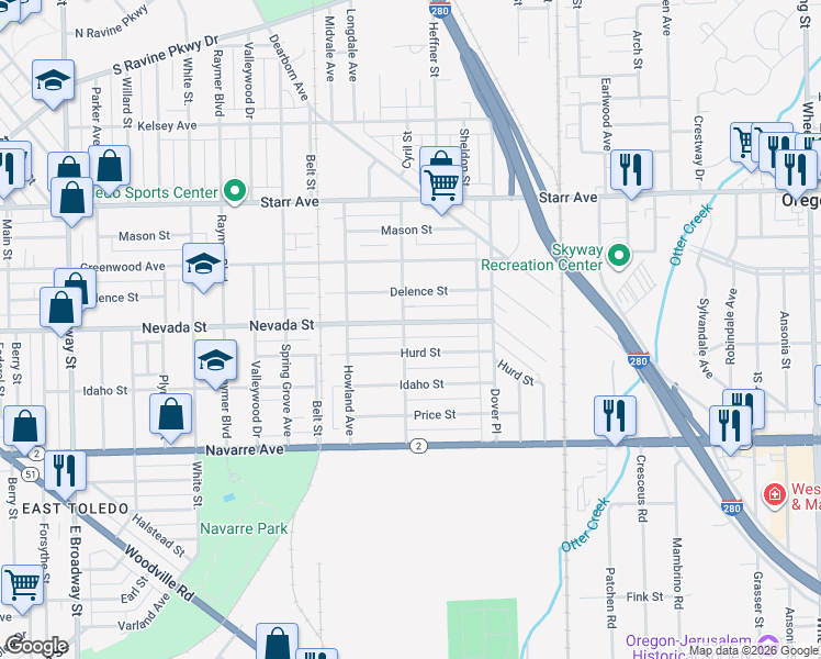 map of restaurants, bars, coffee shops, grocery stores, and more near 2018 Nevada Street in Toledo