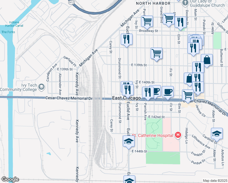 map of restaurants, bars, coffee shops, grocery stores, and more near 4022 Drummond Street in East Chicago