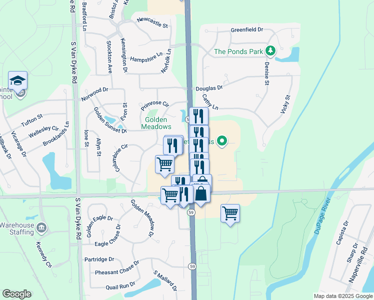 map of restaurants, bars, coffee shops, grocery stores, and more near 24013 Heather Court in Plainfield