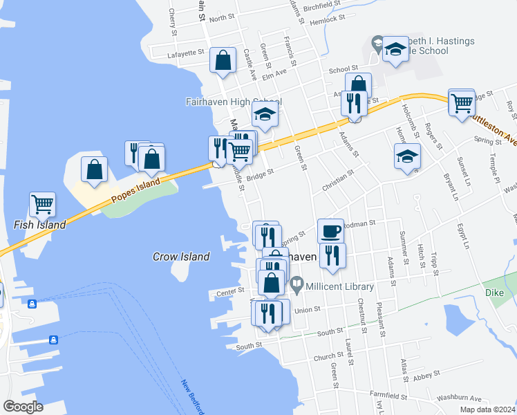 map of restaurants, bars, coffee shops, grocery stores, and more near 82 Middle Street in Fairhaven