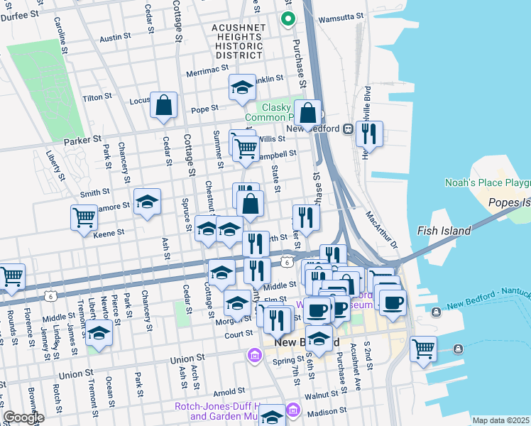 map of restaurants, bars, coffee shops, grocery stores, and more near 62 Thomas Street in New Bedford