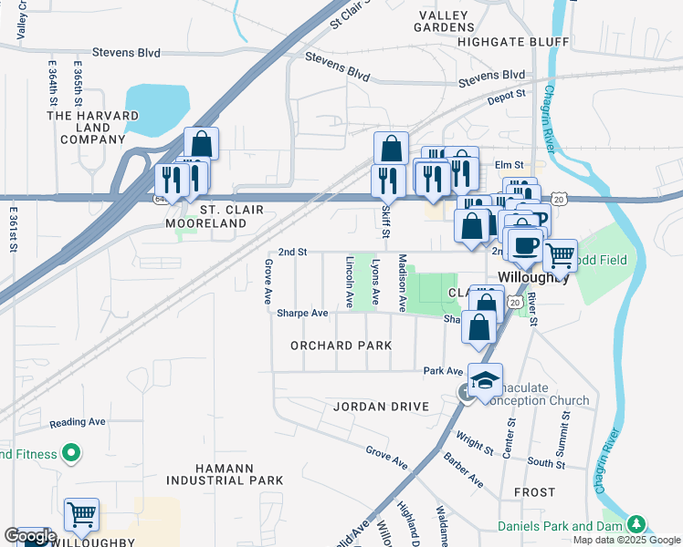 map of restaurants, bars, coffee shops, grocery stores, and more near 4140 Lincoln Avenue in Willoughby