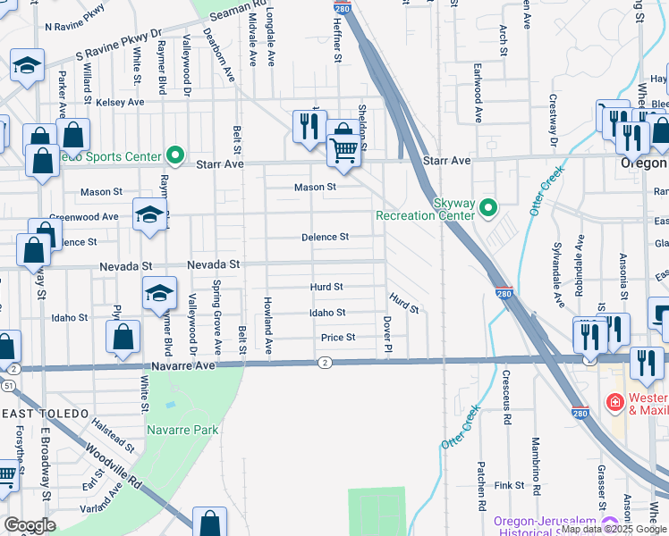 map of restaurants, bars, coffee shops, grocery stores, and more near 2018 Nevada Street in Toledo