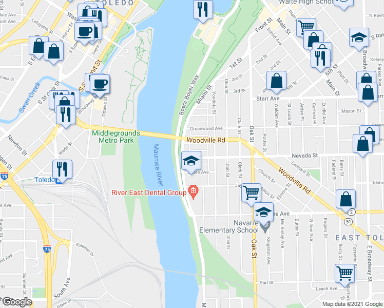 map of restaurants, bars, coffee shops, grocery stores, and more near 19 Nevada Street in Toledo