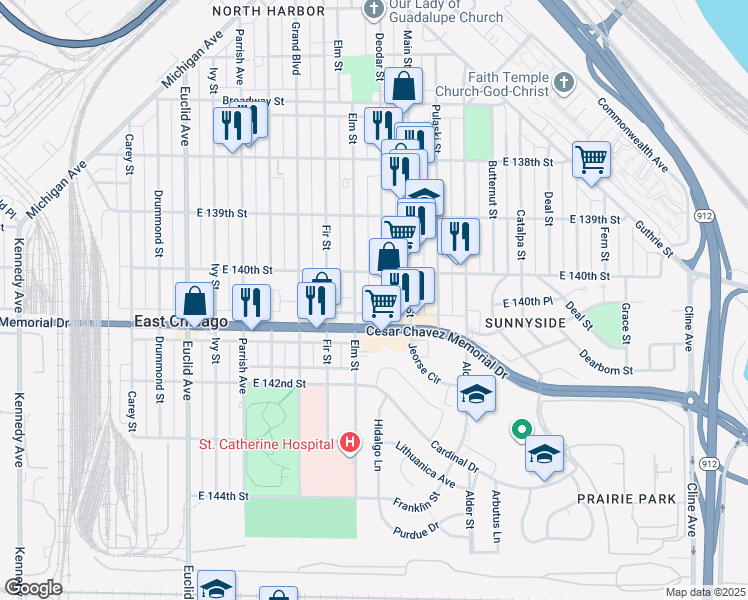 map of restaurants, bars, coffee shops, grocery stores, and more near 4015 Elm Street in East Chicago