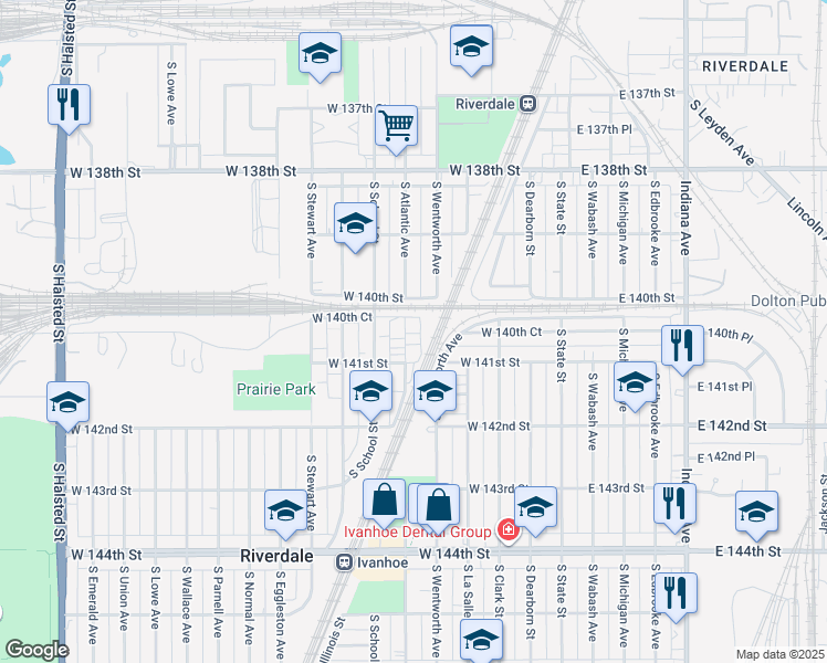 map of restaurants, bars, coffee shops, grocery stores, and more near 14022 South Highlawn Avenue in Riverdale