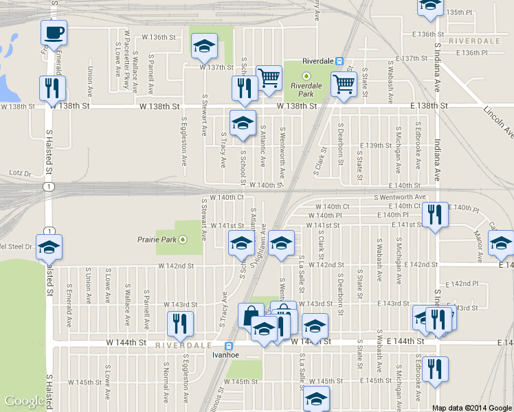map of restaurants, bars, coffee shops, grocery stores, and more near 14022 South Highlawn Avenue in Riverdale