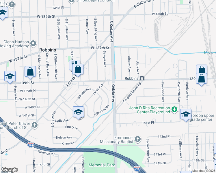map of restaurants, bars, coffee shops, grocery stores, and more near 3145 139th Street in Robbins