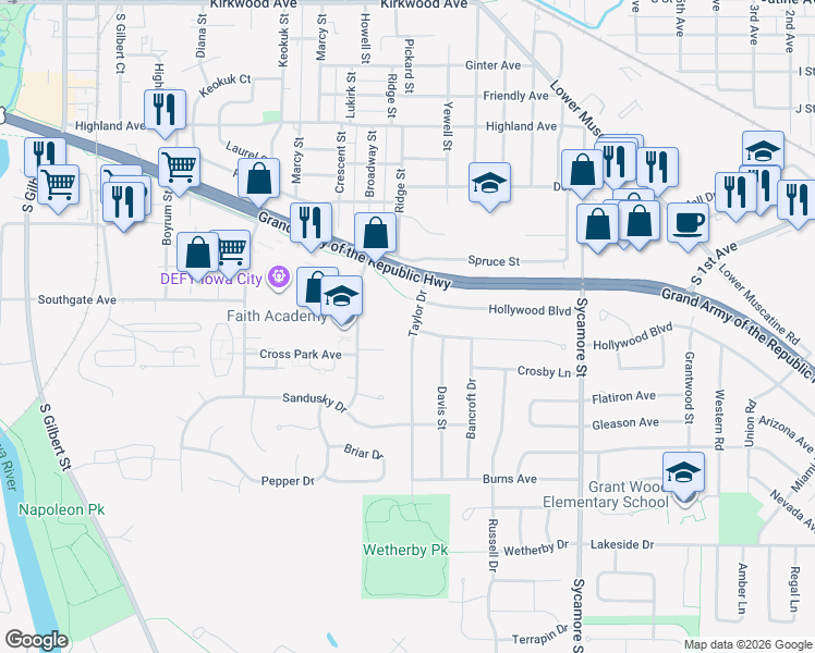 map of restaurants, bars, coffee shops, grocery stores, and more near 1908 Taylor Drive in Iowa City