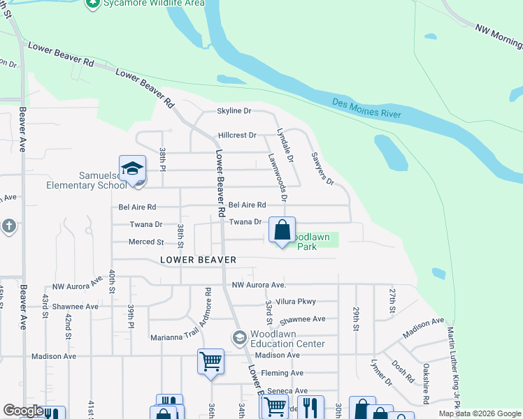 map of restaurants, bars, coffee shops, grocery stores, and more near 3214 Bel Aire Road in Des Moines