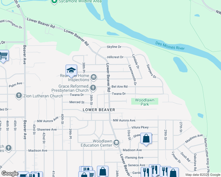map of restaurants, bars, coffee shops, grocery stores, and more near 3500 Bel Aire Road in Des Moines