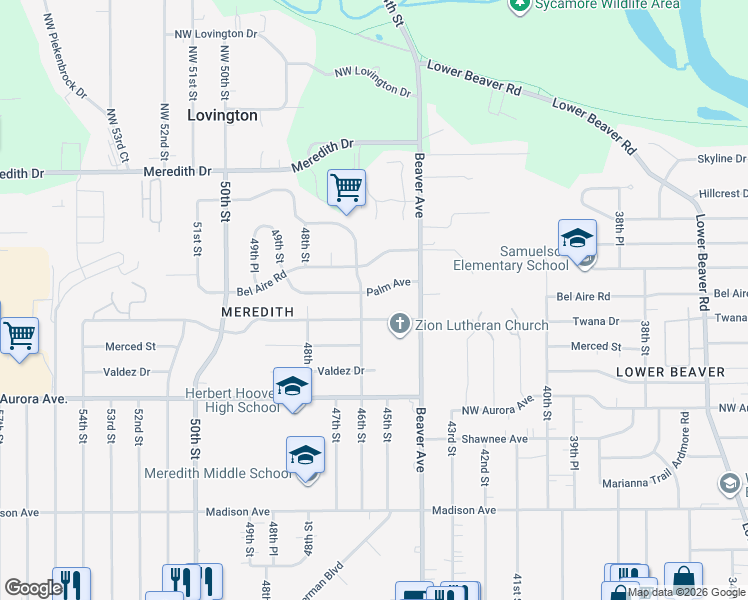 map of restaurants, bars, coffee shops, grocery stores, and more near 4430 Palm Avenue in Des Moines