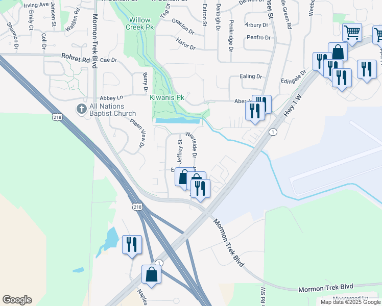 map of restaurants, bars, coffee shops, grocery stores, and more near 203 Westside Drive in Iowa City