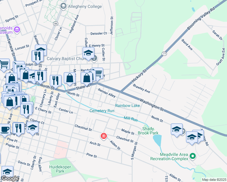 map of restaurants, bars, coffee shops, grocery stores, and more near 626 Washington Street in Meadville