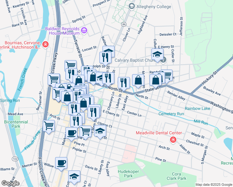 map of restaurants, bars, coffee shops, grocery stores, and more near 392 North Street in Meadville
