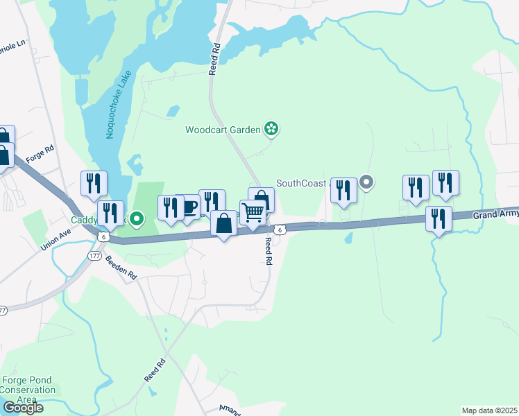 map of restaurants, bars, coffee shops, grocery stores, and more near 528 Reed Road in Dartmouth