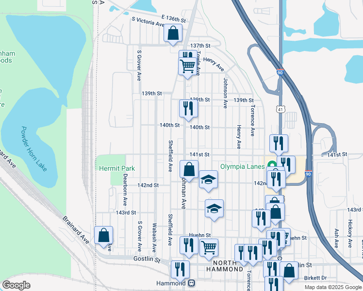 map of restaurants, bars, coffee shops, grocery stores, and more near 4032 Hohman Avenue in Hammond