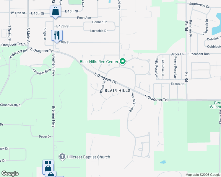 map of restaurants, bars, coffee shops, grocery stores, and more near 2018 Trailridge North in Mishawaka