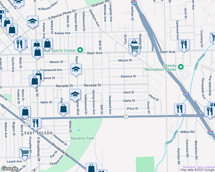 map of restaurants, bars, coffee shops, grocery stores, and more near 604 Howland Ave in Toledo